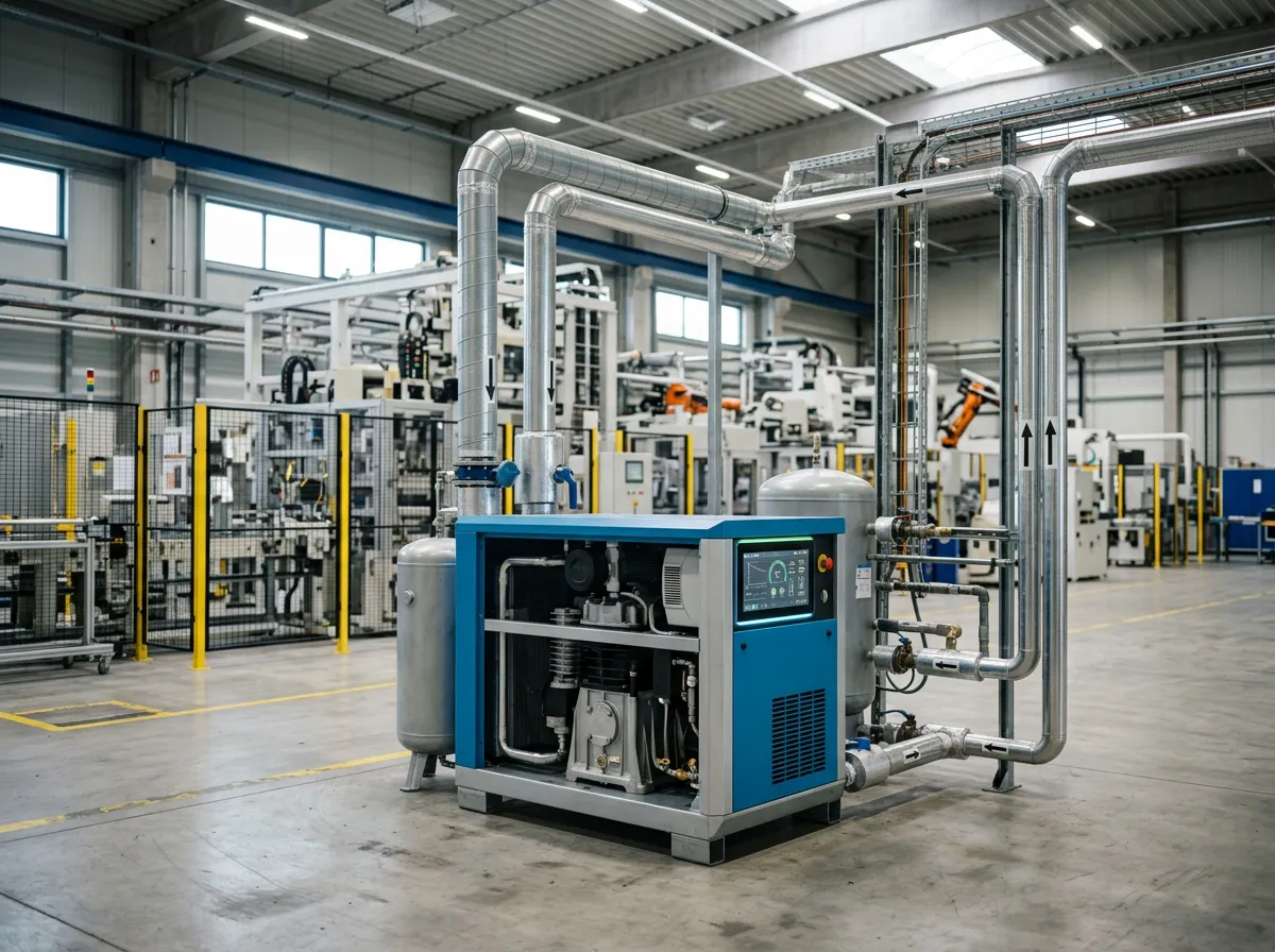 ضاغط هواء صناعي Atlas Copco يعمل بكفاءة عالية داخل مصنع حديث مع نظام هواء مضغوط موفر للطاقة